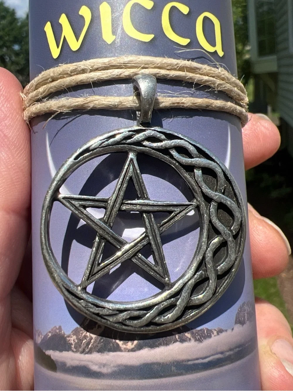 Wicca Stability Green Ritual Pillar Candle with Pentacle Charm